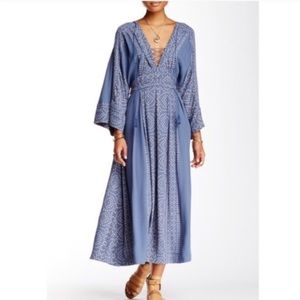 Free People Dress 6 Small Boho Maxi Dress Modern Kimono Sleeve Blue Printed